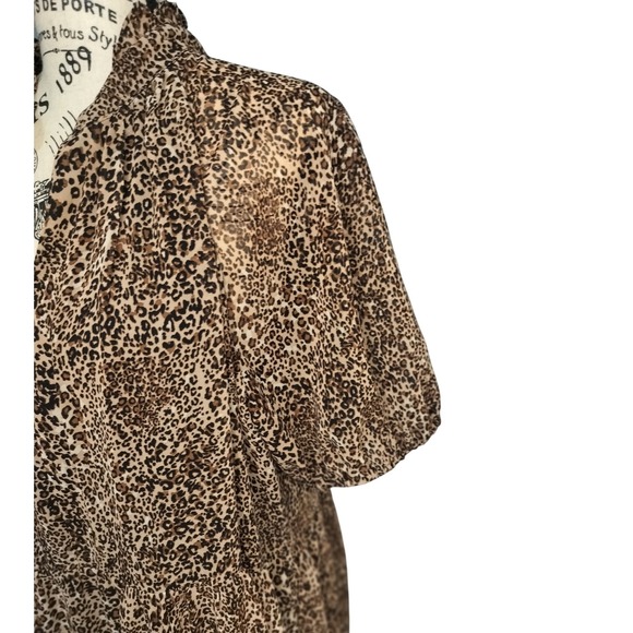 MSK Womens XL Leopard Print Tiered Midi Dress Short Puff Sleeve Brown Animal XL - Picture 2 of 6